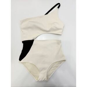 Flagpole NYC Cream Black Ribbed Asymmetric Ali Cut Out One Piece Swimsuit Large